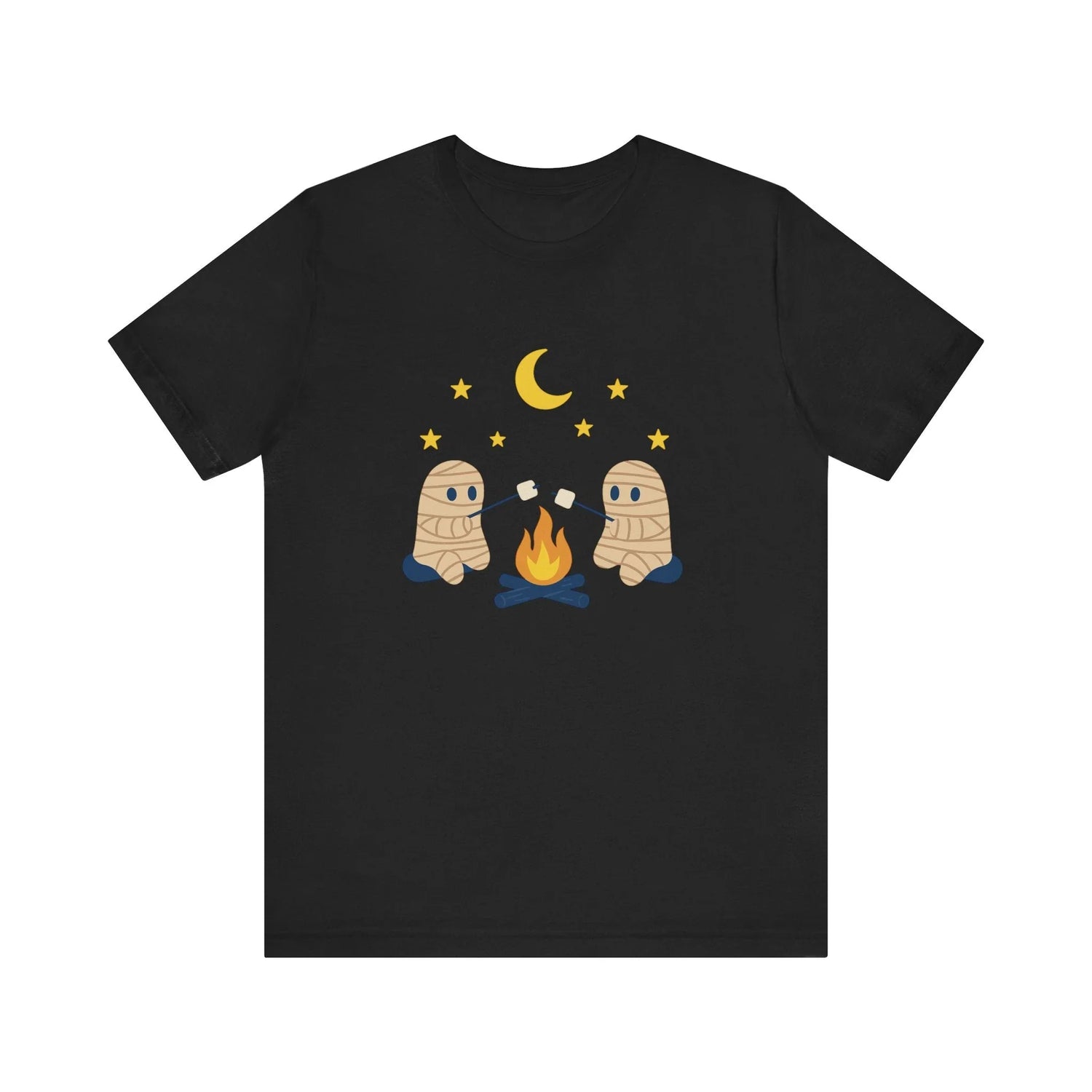 Two cute mummies sitting by a fire under stars and a moon on a black Fall t-shirt design.