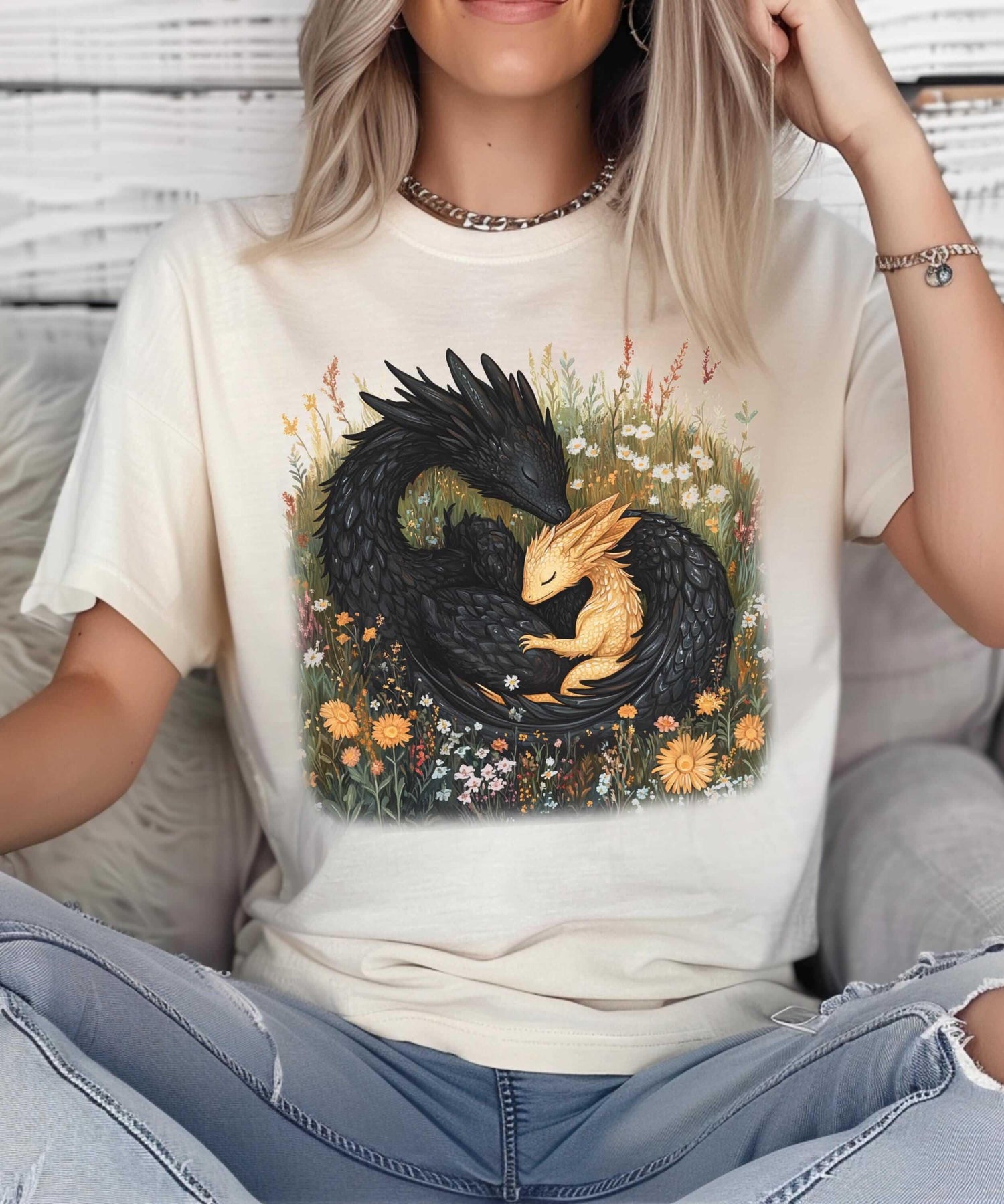 Cute Animals t-shirt featuring a black dragon and a cute yellow creature surrounded by flowers.