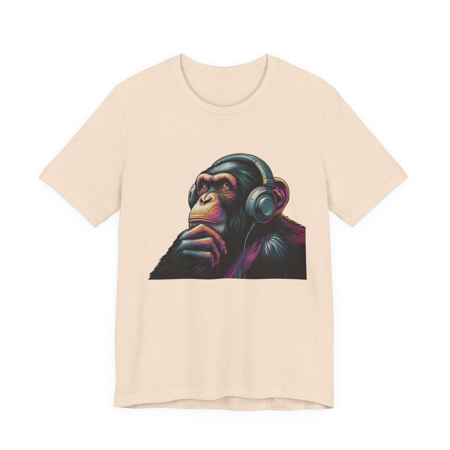 Colorful chimpanzee wearing headphones graphic tee, perfect for music lovers - PopCultureByDesign36