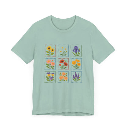 Summer Flower Stamp Tshirt, Vintage Postage Stamp Shirt, Aesthetic Summer Tee - PopCultureByDesign36