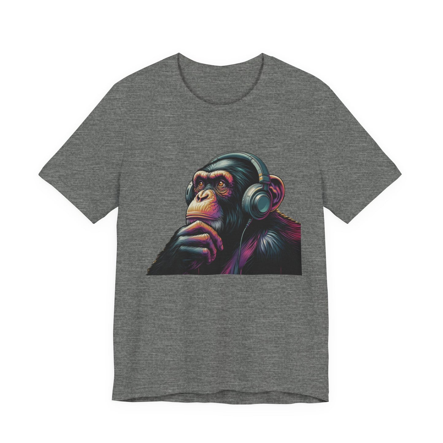 Colorful chimpanzee wearing headphones graphic tee, perfect for music lovers - PopCultureByDesign36