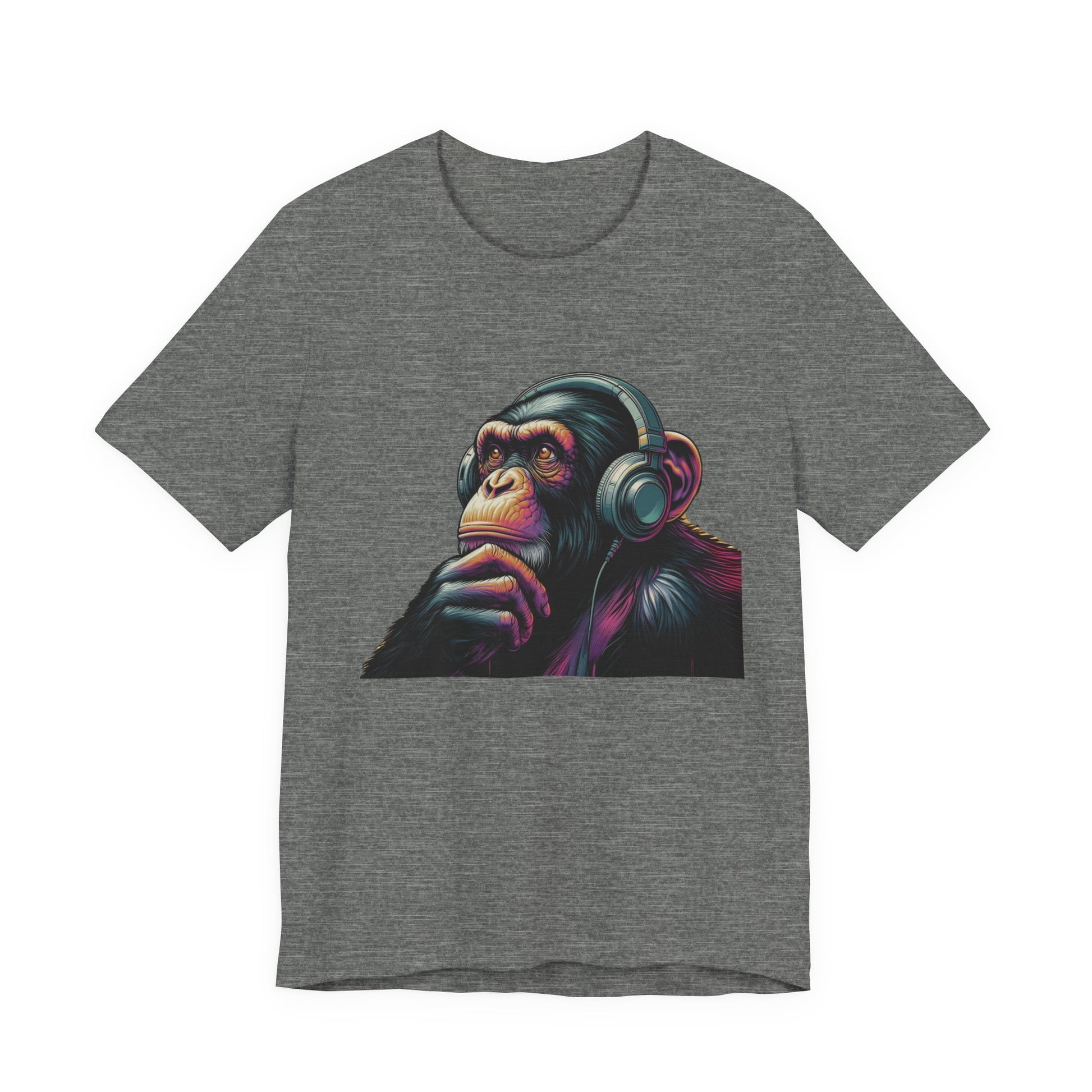 Colorful chimpanzee wearing headphones graphic tee, perfect for music lovers - PopCultureByDesign36