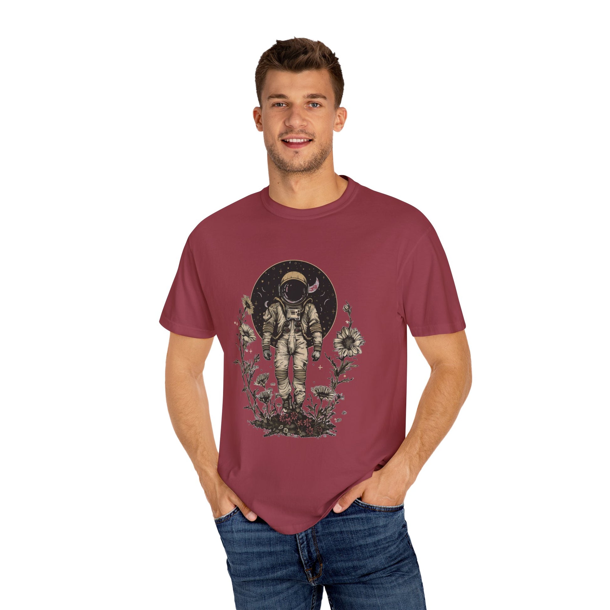 Astronaut Shirt, Boho Astronaut Shirt, Vintage Boho Womens Space Shirt worn by man with floral design.