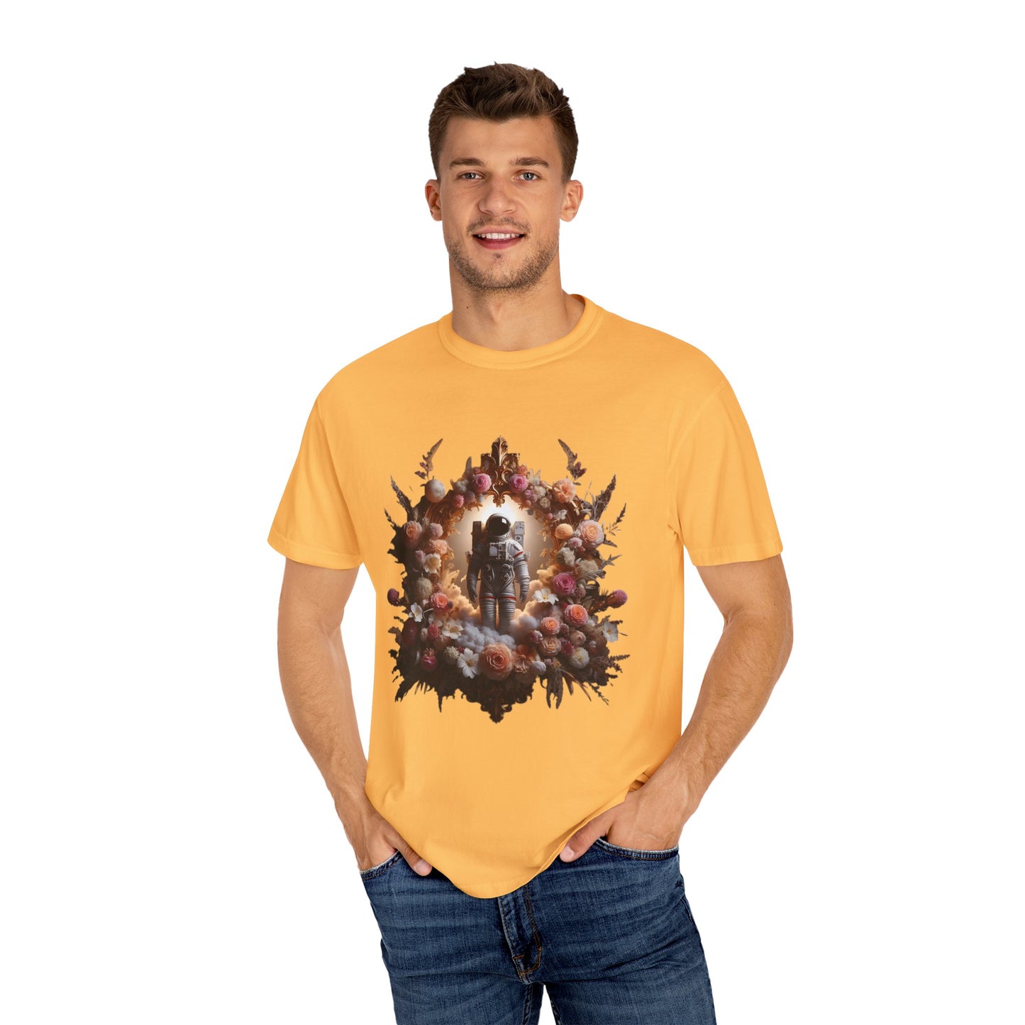 Astronaut Shirt, Boho Astronaut Shirt, Vintage Boho Womens Space Shirt design on a yellow t-shirt model.