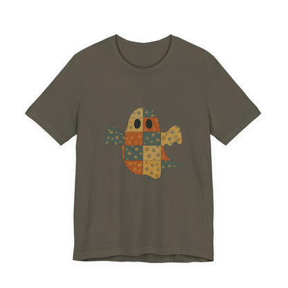 Patchwork Ghost Tee, Ghost Patchwork Halloween Shirt, Boho Ghost Shirt - PopCultureByDesign36