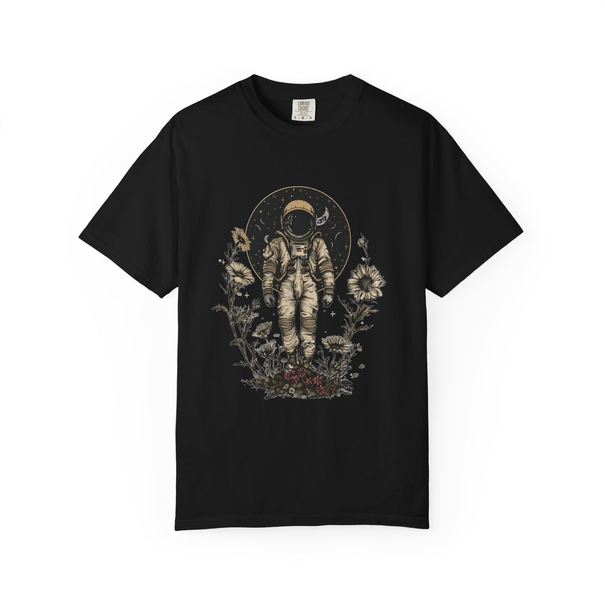 Astronaut Shirt, Boho Astronaut Shirt, Vintage Boho Womens Space Shirt on a black t-shirt with floral design.