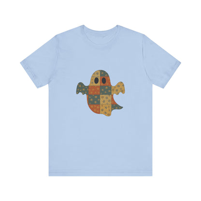 Patchwork Ghost Tee, Ghost Patchwork Halloween Shirt, Boho Ghost Shirt - PopCultureByDesign36