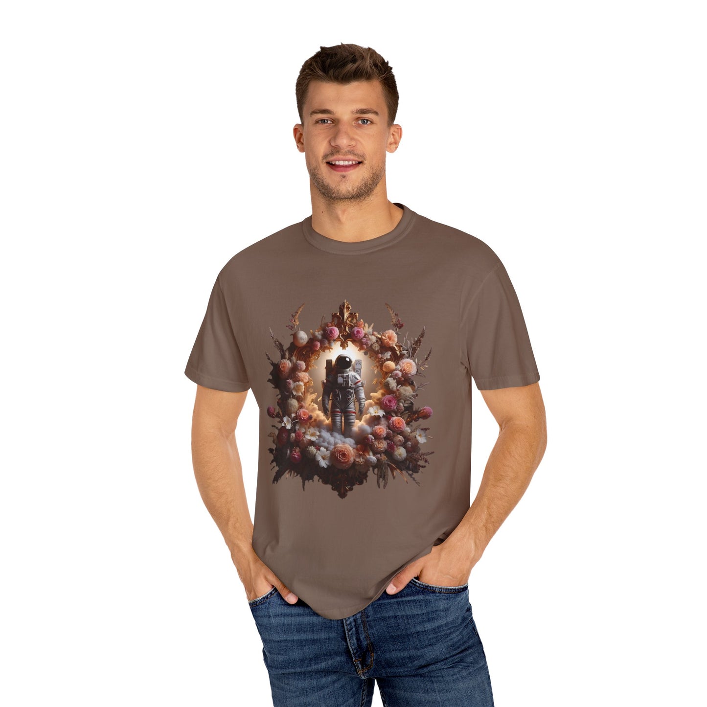 Man wearing a Vintage Boho Womens Space Shirt with a floral design and astronaut graphic.