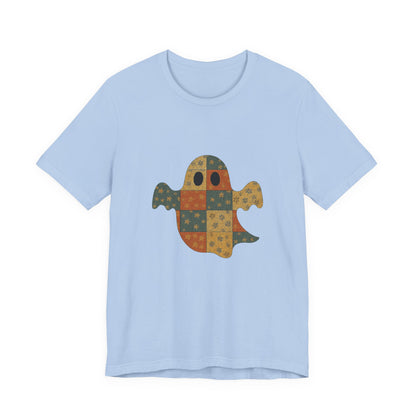 Patchwork Ghost Tee, Ghost Patchwork Halloween Shirt, Boho Ghost Shirt - PopCultureByDesign36