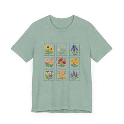 Summer Flower Stamp Tshirt, Vintage Postage Stamp Shirt, Aesthetic Summer Tee - PopCultureByDesign36