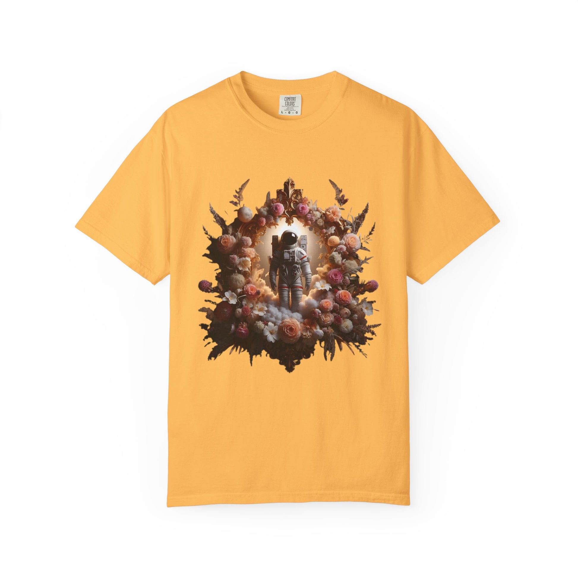 Astronaut Shirt, Boho Astronaut Shirt, Vintage Boho Womens Space Shirt design featuring a vibrant floral backdrop.