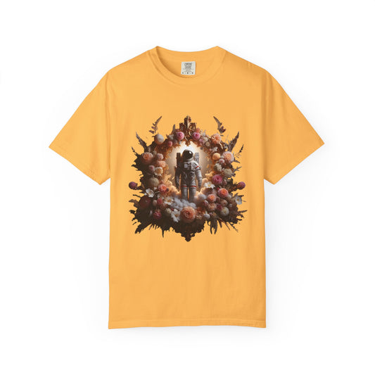 boho astronaut t-shirt featuring a vintage design with an astronaut surrounded by floral elements on a yellow background.