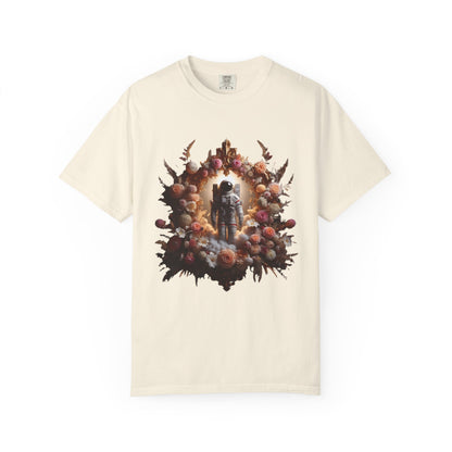 boho astronaut t-shirt featuring a vintage design with an astronaut surrounded by flowers and celestial elements.