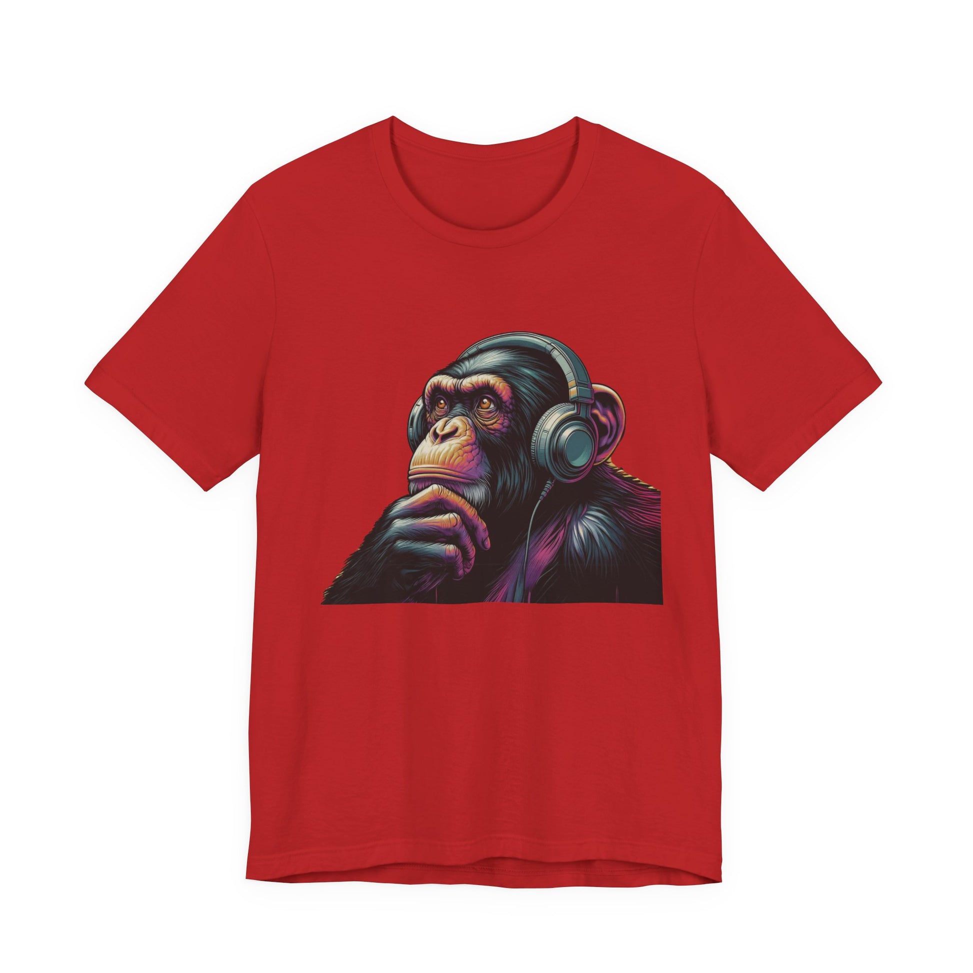 Colorful chimpanzee wearing headphones graphic tee, perfect for music lovers - PopCultureByDesign36