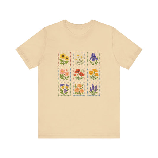 Summer Flower Stamp Tshirt, Vintage Postage Stamp Shirt, Aesthetic Summer Tee - PopCultureByDesign36