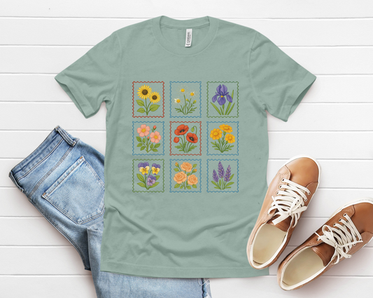 Summer Flower Stamp Tshirt, Vintage Postage Stamp Shirt, Aesthetic Summer Tee - PopCultureByDesign36