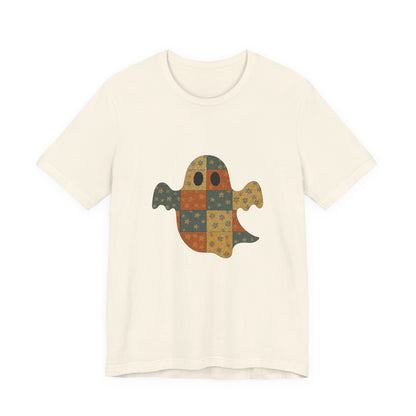 Patchwork Ghost Tee, Ghost Patchwork Halloween Shirt, Boho Ghost Shirt - PopCultureByDesign36