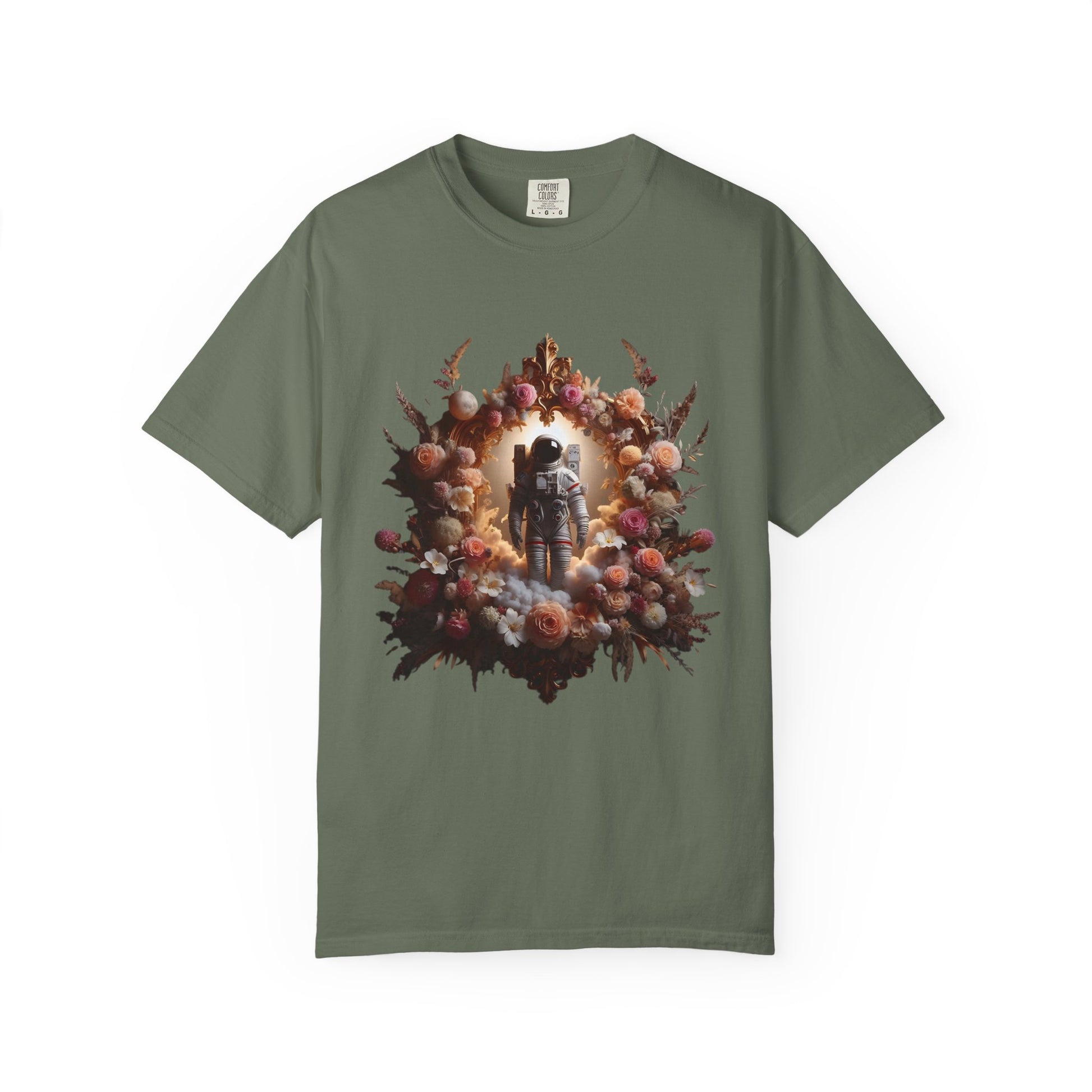Astronaut Shirt, Boho Astronaut Shirt, Vintage Boho Womens Space Shirt with floral design on olive green tee.