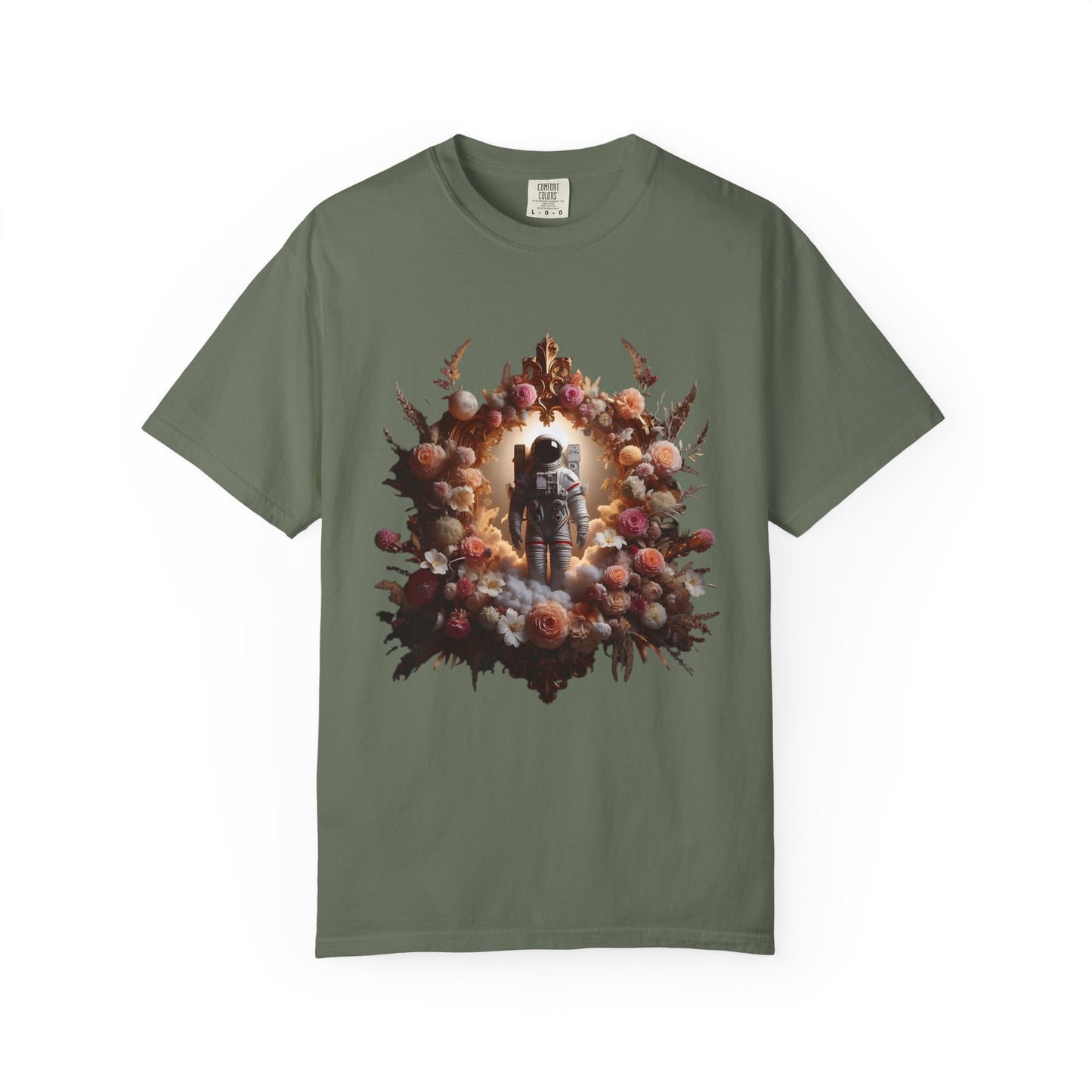 Boho astronaut t-shirt featuring a vintage astronaut surrounded by floral elements and celestial art.
