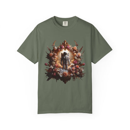 Boho astronaut t-shirt featuring a vintage astronaut surrounded by floral elements and celestial art.