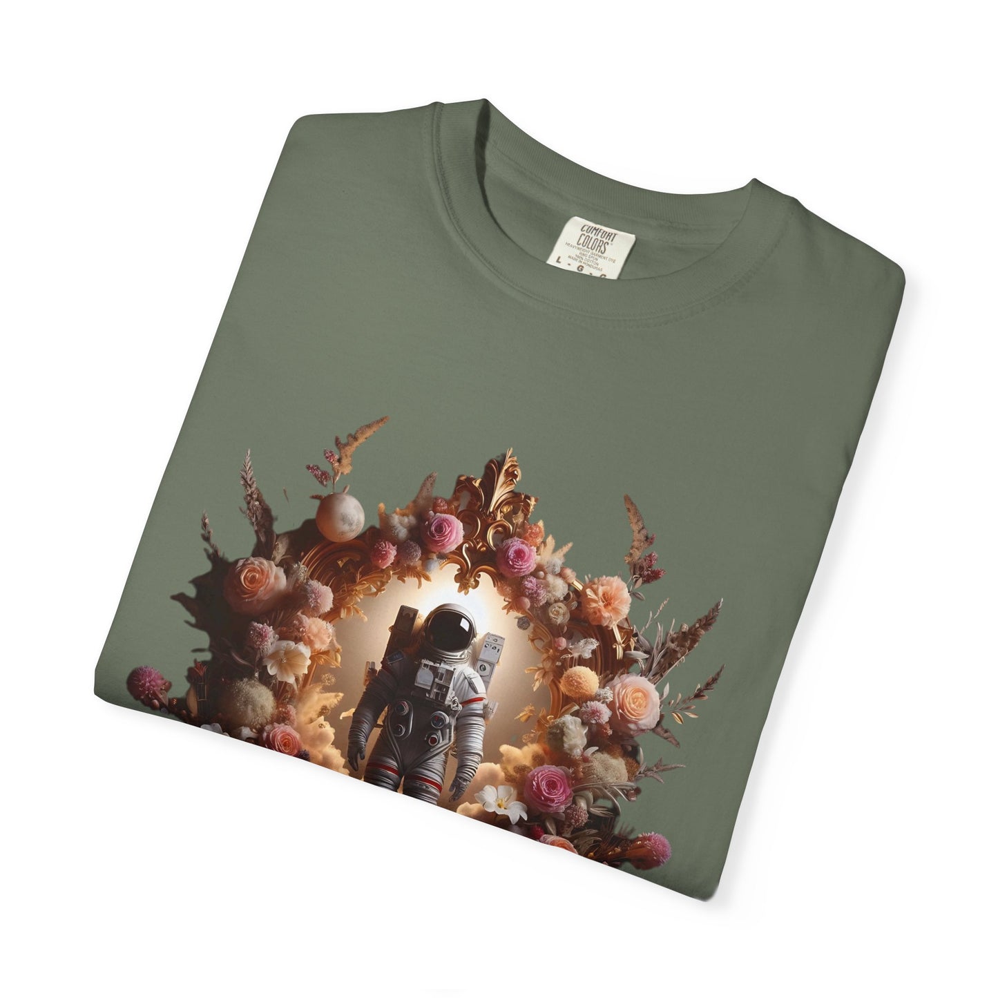 boho astronaut t-shirt featuring a floral design with an astronaut in a vintage style, perfect for space lovers.