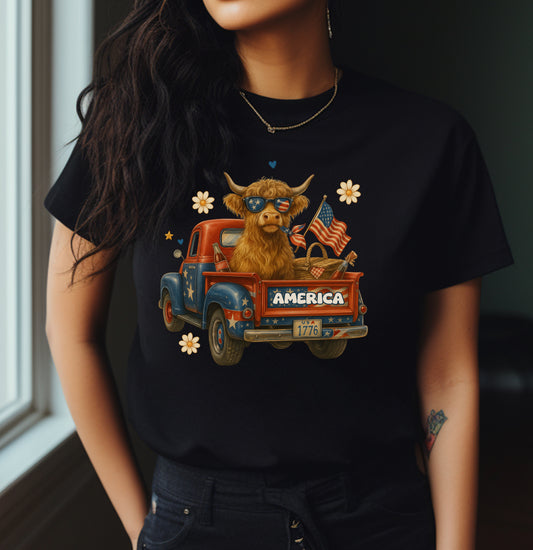 Highland Cow Fourth of July Funny Shirt, Scotland Farm Gift, Patriotic Cow T-Shirt - PopCultureByDesign36