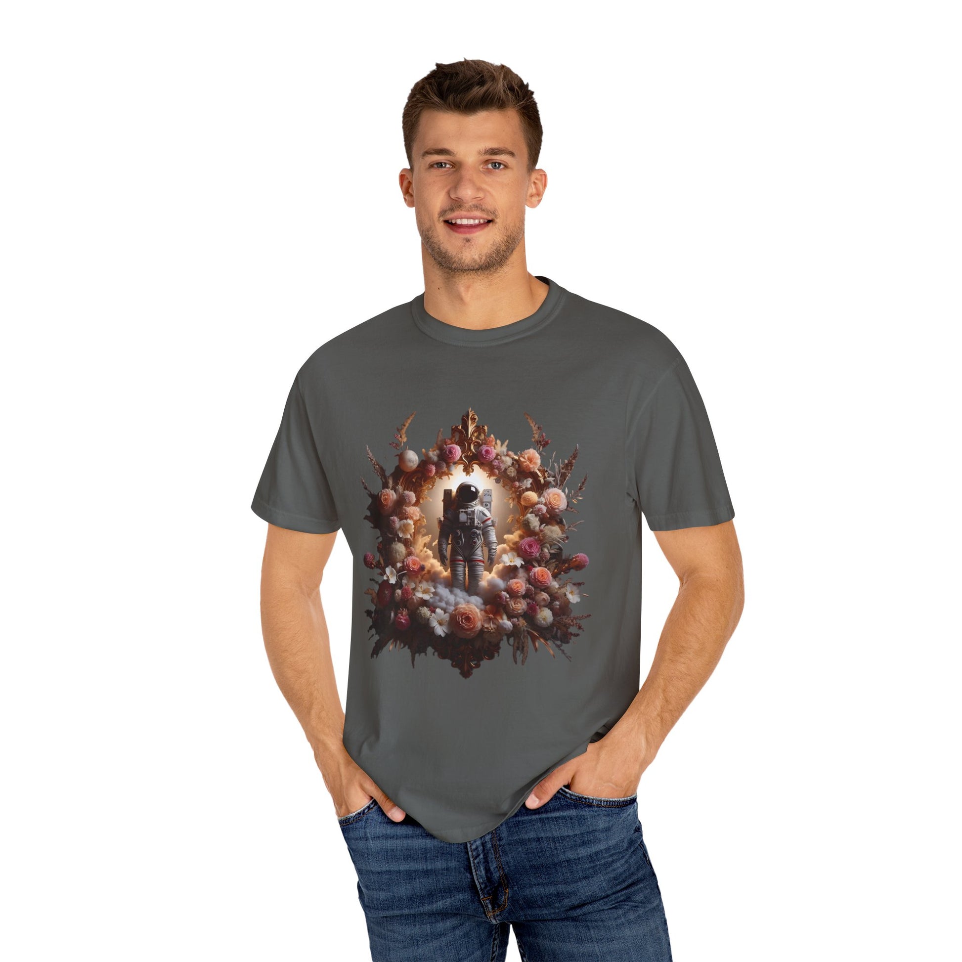 A man wearing a gray t-shirt featuring a romantic floral design with a couple silhouette.