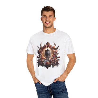 Man wearing an Astronaut Shirt, Boho Astronaut Shirt, Vintage Boho Womens Space Shirt with floral design.