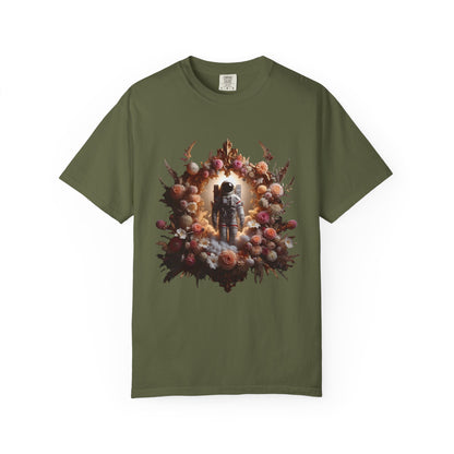 boho astronaut t-shirt featuring a floral astronaut design on an olive green background.