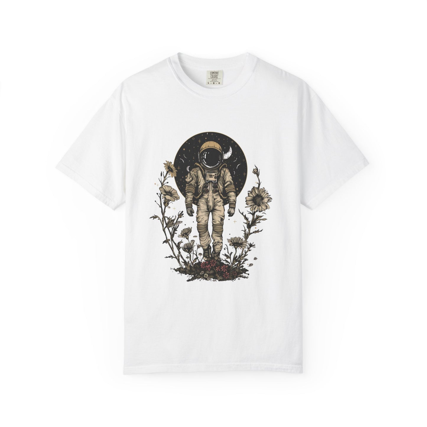 Astronaut Shirt, Boho Astronaut Shirt, Vintage Boho Womens Space Shirt with floral design on a white t-shirt.