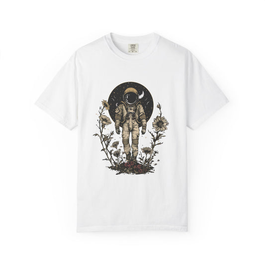 Astronaut Shirt, Boho Astronaut Shirt, Vintage Boho Womens Space Shirt with floral design on a white t-shirt.