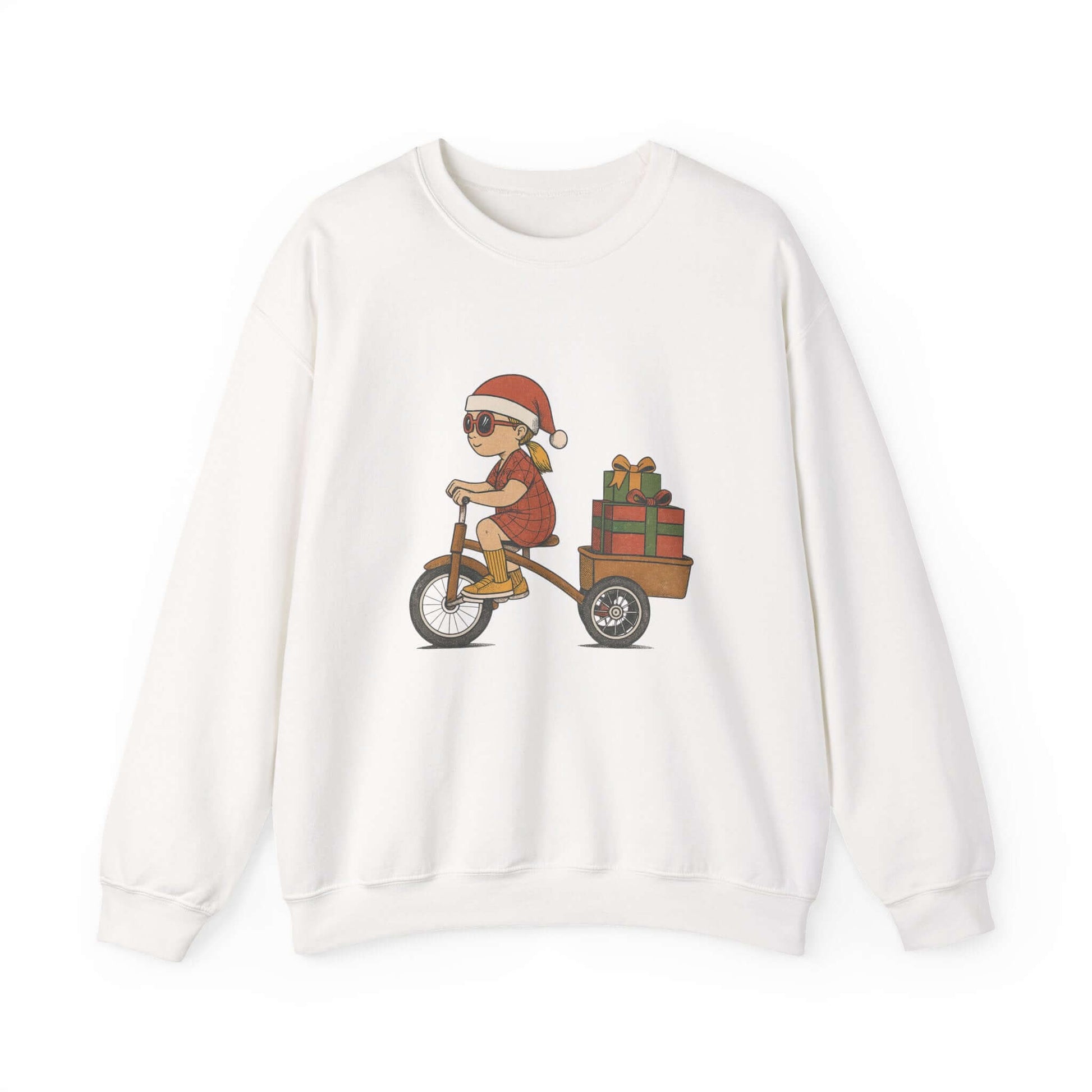 White sweatshirt with a graphic of a child in a Santa hat riding a bike with a cart full of gifts on a white background.
