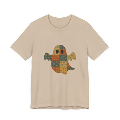 Patchwork Ghost Tee, Ghost Patchwork Halloween Shirt, Boho Ghost Shirt - PopCultureByDesign36