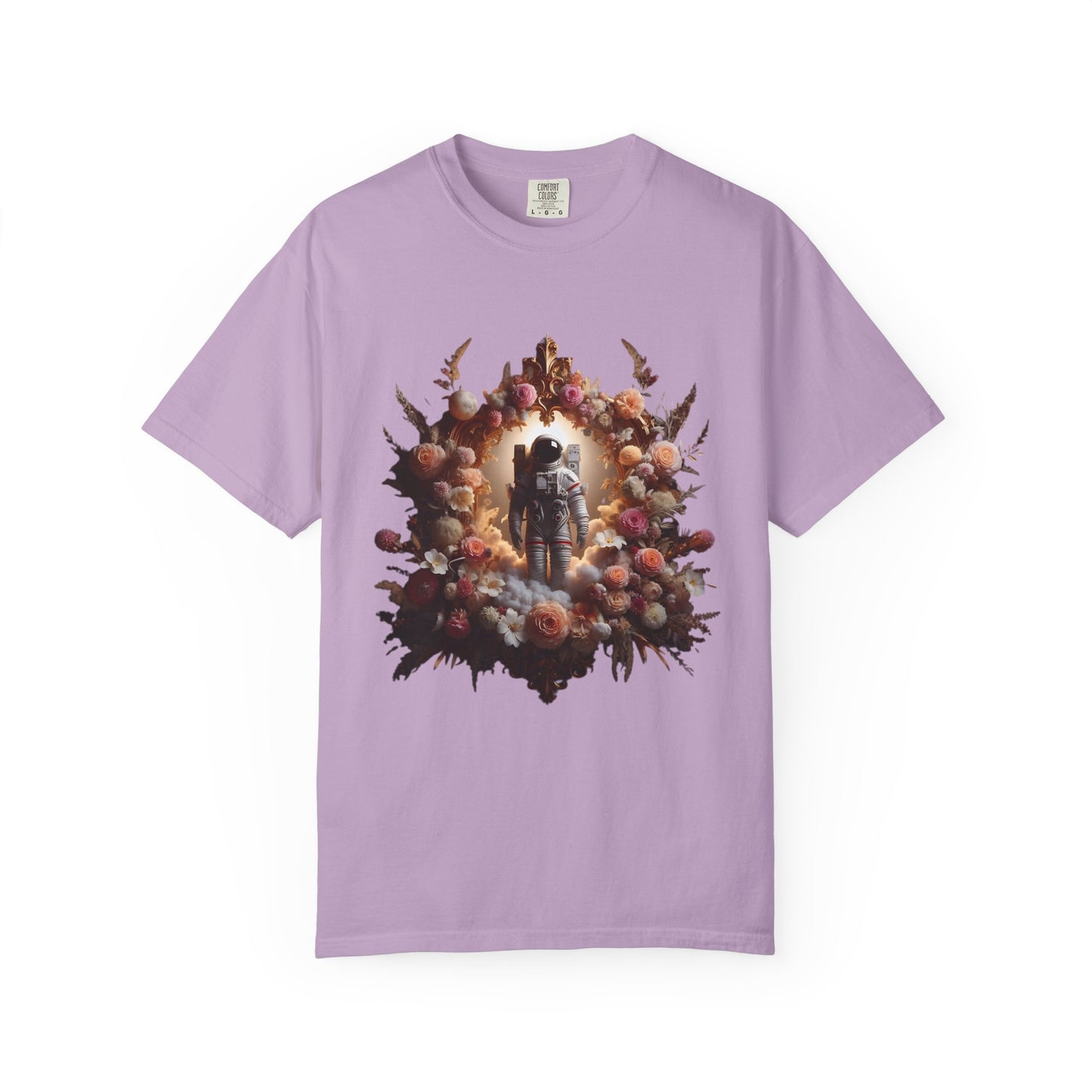 boho astronaut t-shirt featuring a floral design with a space theme and a central astronaut graphic.