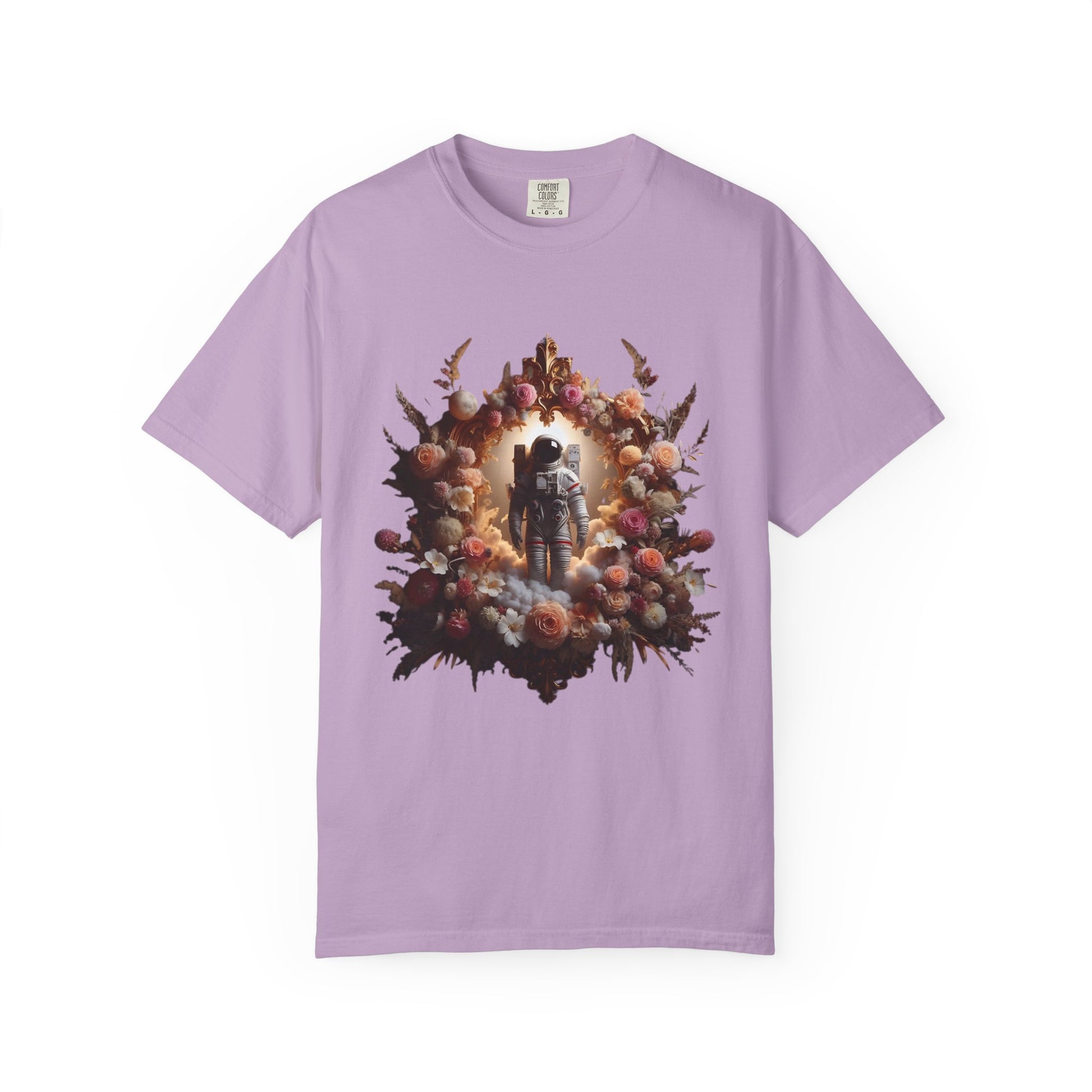 boho astronaut t-shirt featuring a floral design with a space theme and a central astronaut graphic.