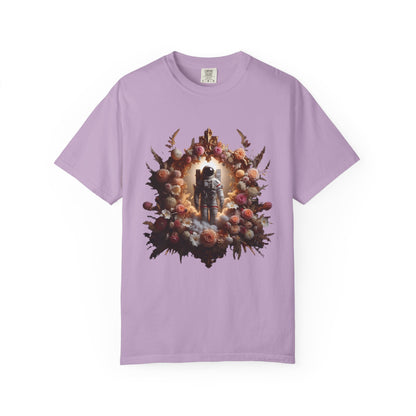 boho astronaut t-shirt featuring a floral design with a space theme and a central astronaut graphic.