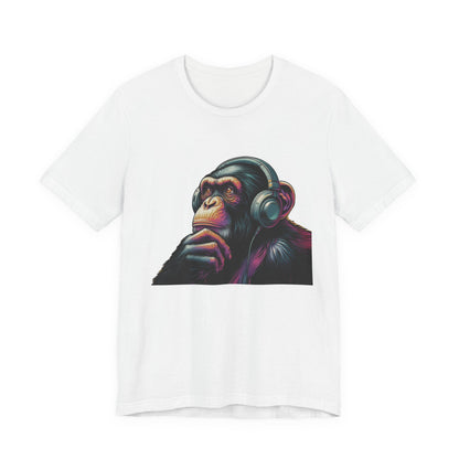 Colorful chimpanzee wearing headphones graphic tee, perfect for music lovers - PopCultureByDesign36