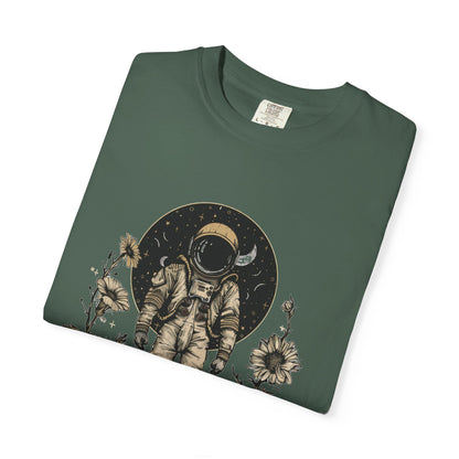 Astronaut Shirt, Boho Astronaut Shirt, Vintage Boho Womens Space Shirt with floral design on green fabric.