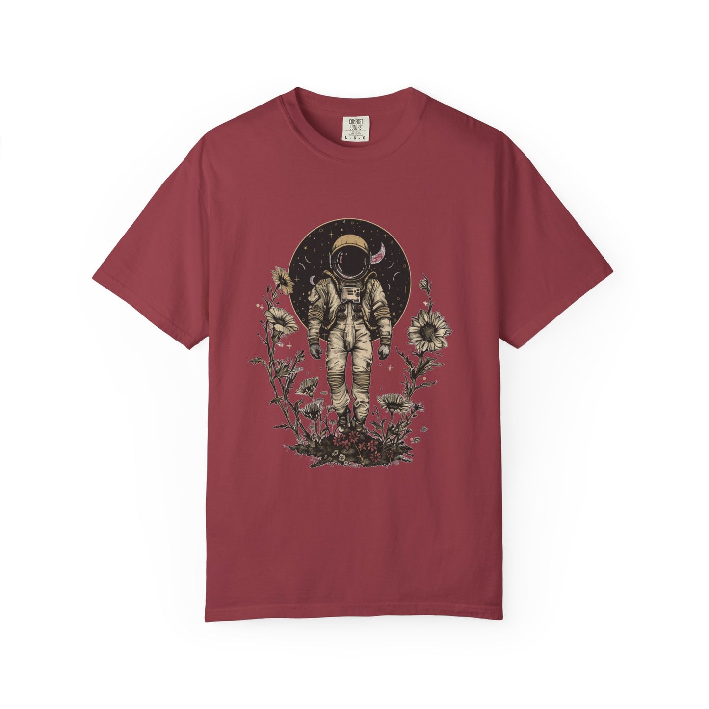Astronaut Shirt, Boho Astronaut Shirt, Vintage Boho Womens Space Shirt with retro floral design on maroon background.