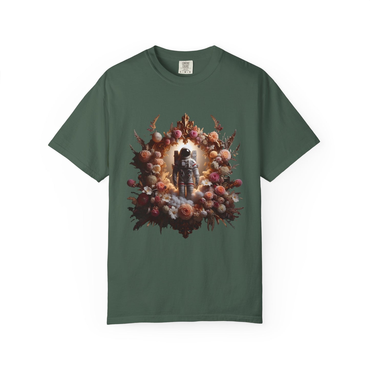 boho astronaut t-shirt featuring a floral astronaut design on a dark green shirt background.