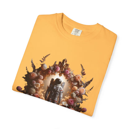Astronaut Shirt, Boho Astronaut Shirt, Vintage Boho Womens Space Shirt with floral design on yellow background.