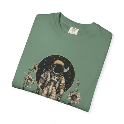 Astronaut Shirt, Boho Astronaut Shirt, Vintage Boho Womens Space Shirt with floral design on green fabric.