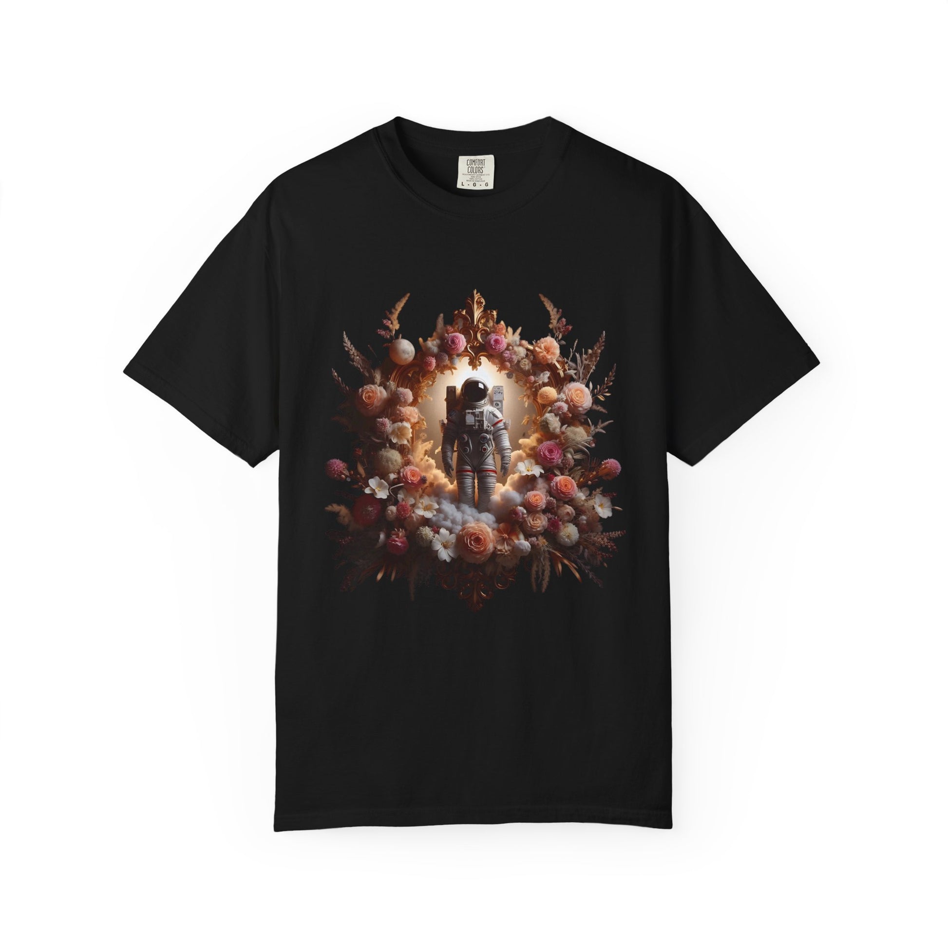 Astronaut Shirt, Boho Astronaut Shirt, Vintage Boho Womens Space Shirt with floral design on black tee.