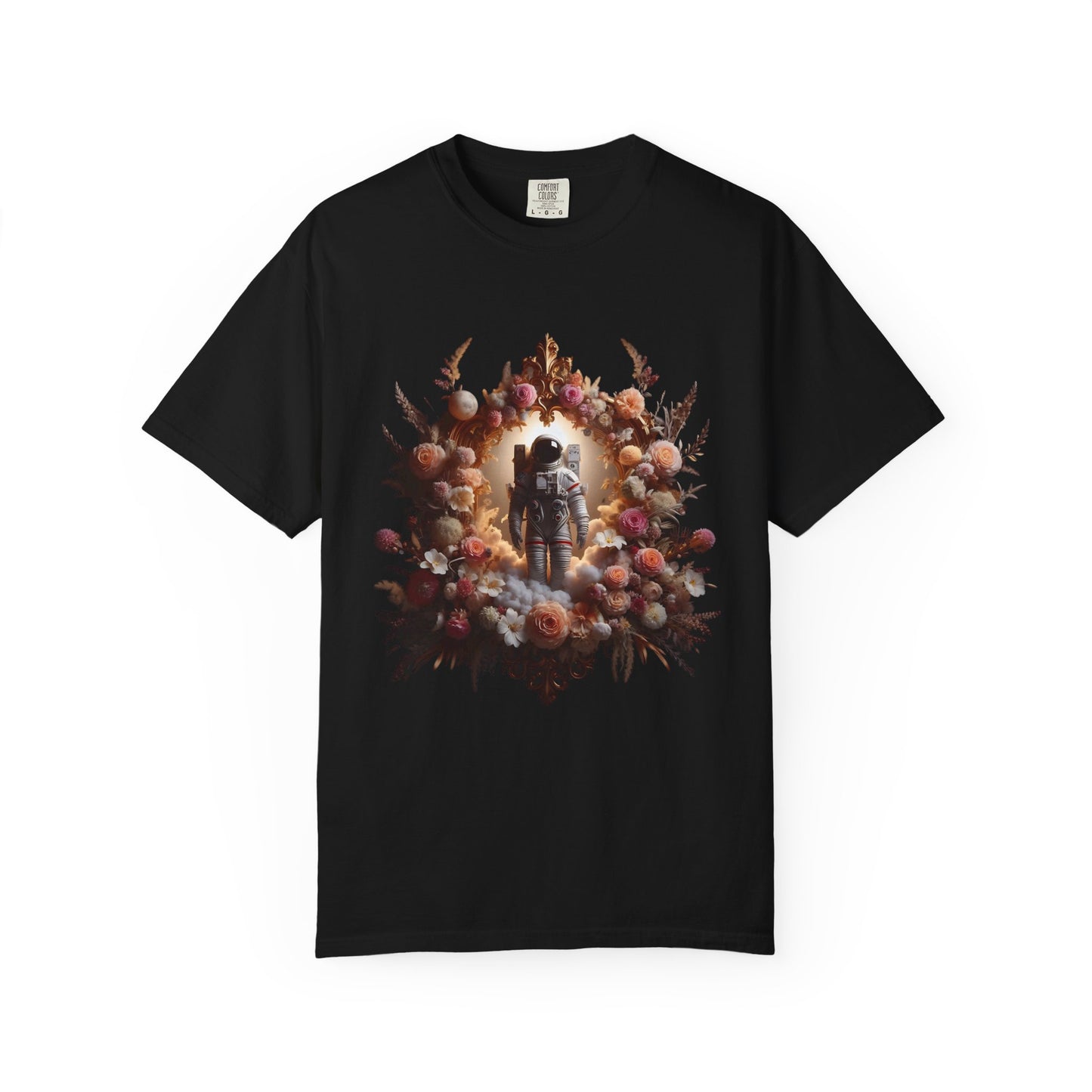 Boho astronaut t-shirt featuring an astronaut surrounded by flowers and cosmic elements, perfect for lovers of space and boho style.