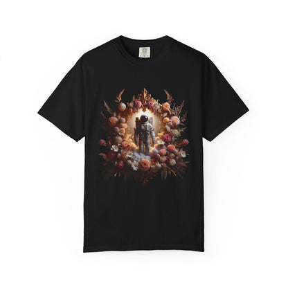 Boho astronaut t-shirt featuring an astronaut surrounded by flowers and cosmic elements, perfect for lovers of space and boho style.