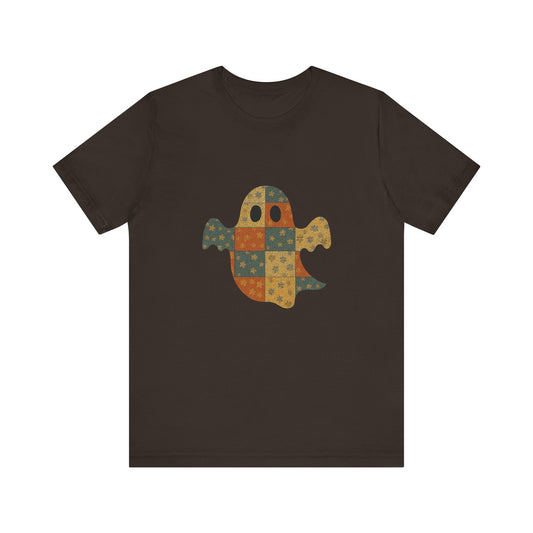 Patchwork Ghost Tee, Ghost Patchwork Halloween Shirt, Boho Ghost Shirt - PopCultureByDesign36