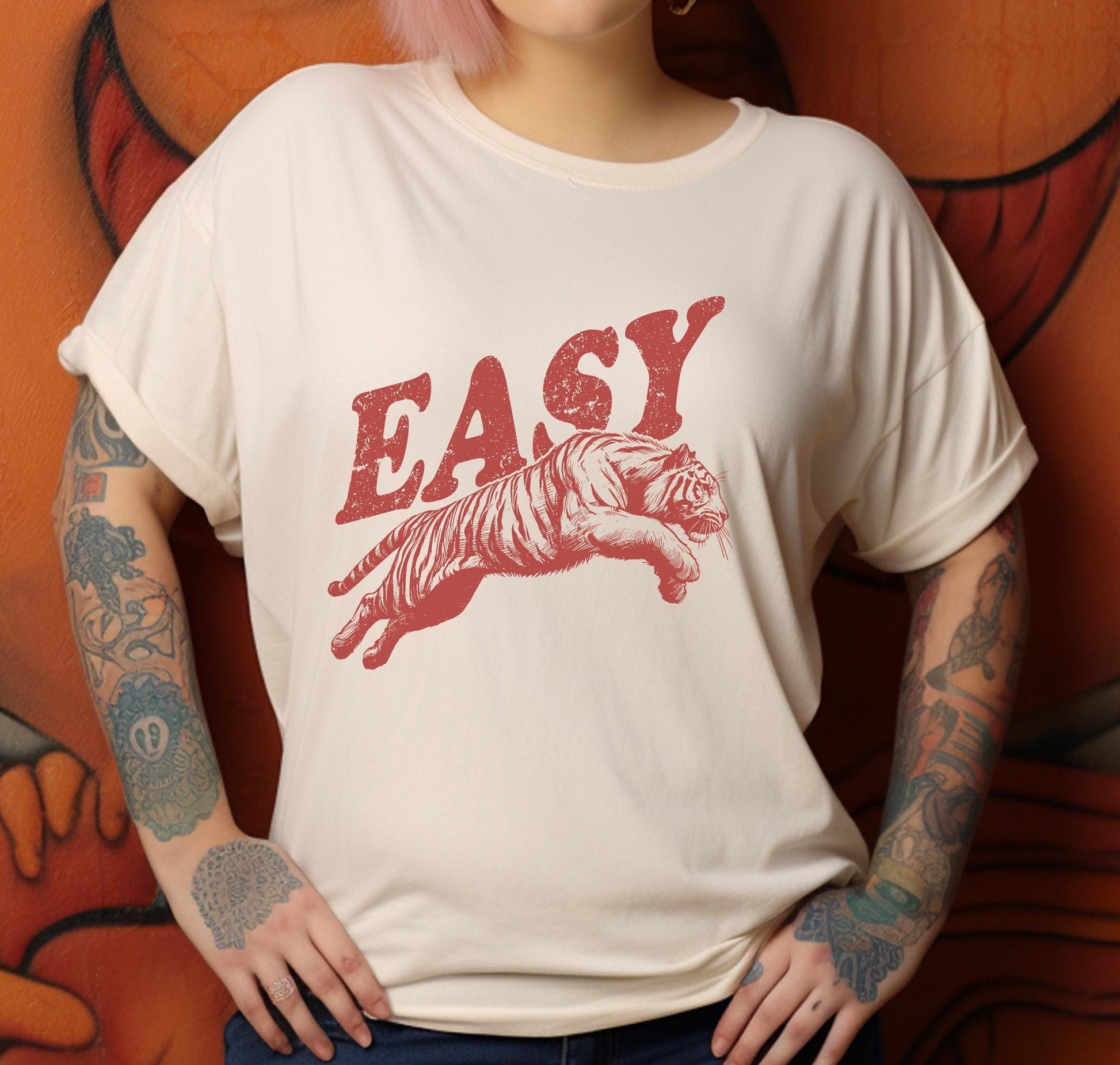 Easy Red Tiger Shirt, Retro Boho Tee, Unisex Trendy Aesthetic Shirt, Oversized Graphic Tee, Hippie Clothes, Indie Shirt, Funny Tiger Tee